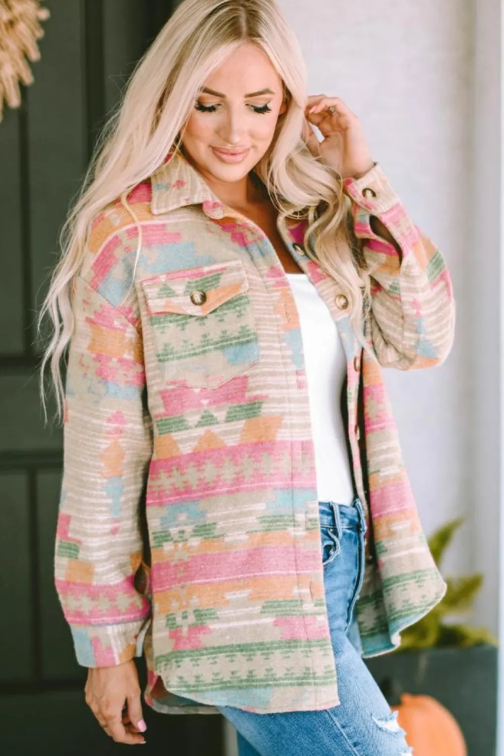Online Dear-Lover Western Aztec Print Button Flap Pocket Shacket Multicolor