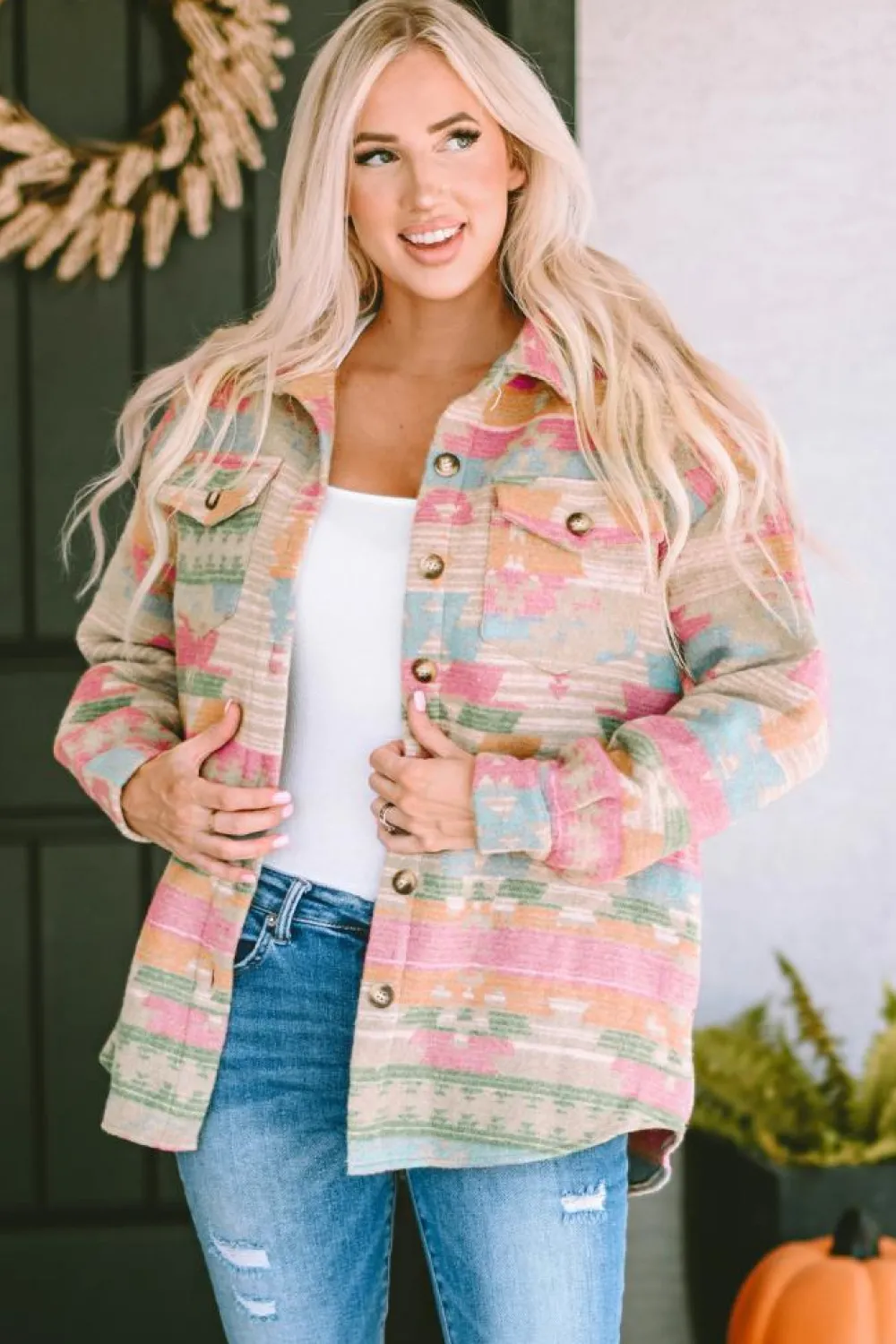 Online Dear-Lover Western Aztec Print Button Flap Pocket Shacket Multicolor