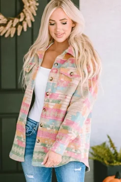 Online Dear-Lover Western Aztec Print Button Flap Pocket Shacket Multicolor
