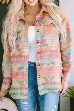 Online Dear-Lover Western Aztec Print Button Flap Pocket Shacket Multicolor