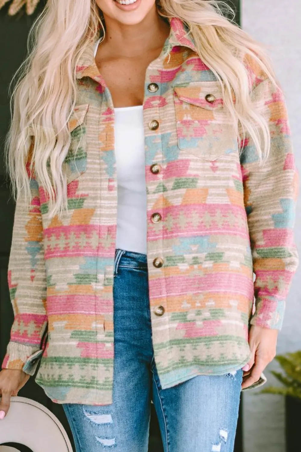 Online Dear-Lover Western Aztec Print Button Flap Pocket Shacket Multicolor