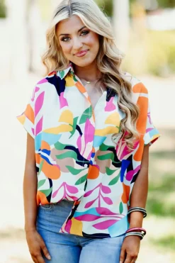 Hot Dear-Lover Abstract Leafy Print Short Sleeve Shirt Multicolour