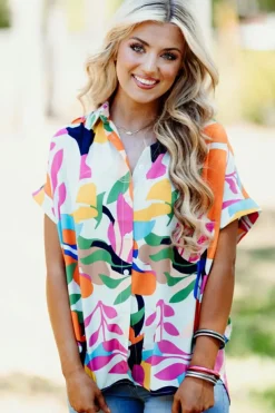 Hot Dear-Lover Abstract Leafy Print Short Sleeve Shirt Multicolour