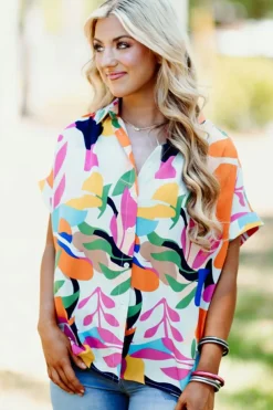 Hot Dear-Lover Abstract Leafy Print Short Sleeve Shirt Multicolour