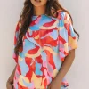 Hot Dear-Lover Abstract Pattern Wide Sleeve Crew Neck Blouse Multicolour