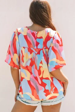 Hot Dear-Lover Abstract Pattern Wide Sleeve Crew Neck Blouse Multicolour
