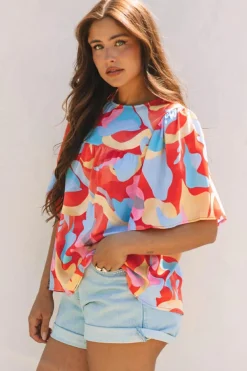 Hot Dear-Lover Abstract Pattern Wide Sleeve Crew Neck Blouse Multicolour