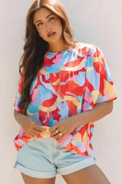 Hot Dear-Lover Abstract Pattern Wide Sleeve Crew Neck Blouse Multicolour