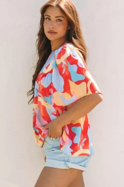 Hot Dear-Lover Abstract Pattern Wide Sleeve Crew Neck Blouse Multicolour