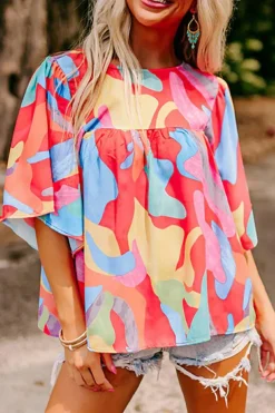 Hot Dear-Lover Abstract Pattern Wide Sleeve Crew Neck Blouse Multicolour