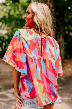Hot Dear-Lover Abstract Pattern Wide Sleeve Crew Neck Blouse Multicolour