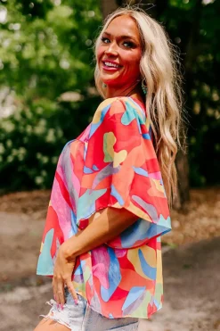 Hot Dear-Lover Abstract Pattern Wide Sleeve Crew Neck Blouse Multicolour