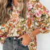 Hot Dear-Lover Abstract Print 3/4 Puff Sleeve Ruffle Blouse Multicolour