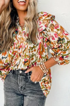 Hot Dear-Lover Abstract Print 3/4 Puff Sleeve Ruffle Blouse Multicolour