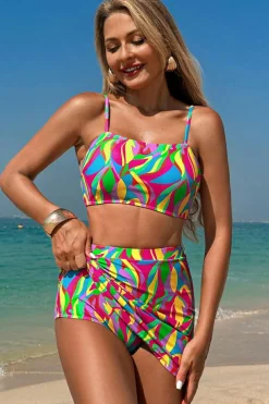 New Dear-Lover Abstract Print Textured Spaghetti Strap High Waist Bikini Set Multicolour