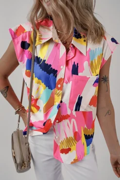 Outlet Dear-Lover Abstract Print Collared Cap Sleeve Casual Shirt Multicolour