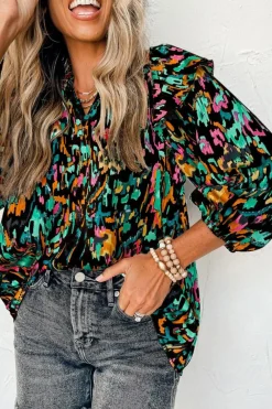Clearance Dear-Lover Abstract Print 3/4 Puff Sleeve Ruffle Blouse Multicolour