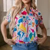 Sale Dear-Lover Abstract Print Lace Detail Shirred Short Sleeve Split Neck Blouse Multicolour