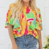 Fashion Dear-Lover Abstract Print Keyhole Back Pleated Half Sleeve Blouse Multicolour