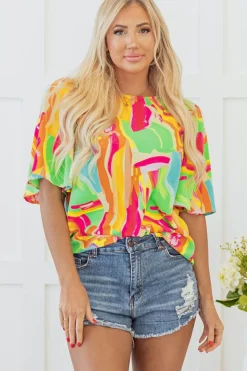 Fashion Dear-Lover Abstract Print Keyhole Back Pleated Half Sleeve Blouse Multicolour