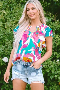 Hot Dear-Lover Abstract Print Notched Neck Flutter Sleeve Blouse Multicolour