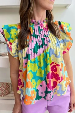 Clearance Dear-Lover Abstract Print Pleated Flutter Sleeve Blouse Multicolour