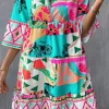 Sale Dear-Lover Abstract Printed Half Sleeve Notched Neck Mini Dress Multicolour