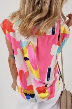 Outlet Dear-Lover Abstract Print Collared Cap Sleeve Casual Shirt Multicolour