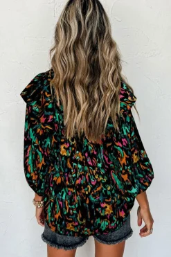 Clearance Dear-Lover Abstract Print 3/4 Puff Sleeve Ruffle Blouse Multicolour