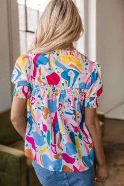 Sale Dear-Lover Abstract Print Lace Detail Shirred Short Sleeve Split Neck Blouse Multicolour