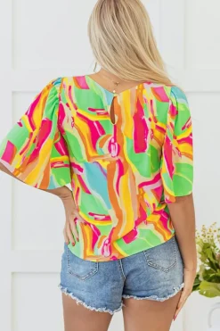 Fashion Dear-Lover Abstract Print Keyhole Back Pleated Half Sleeve Blouse Multicolour