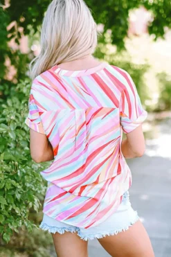 Outlet Dear-Lover Abstract Print High Low Short Sleeve Blouse Multicolour