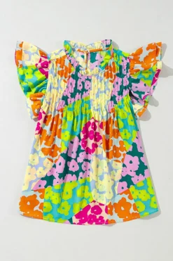 Clearance Dear-Lover Abstract Print Pleated Flutter Sleeve Blouse Multicolour