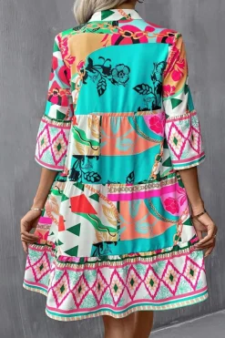 Sale Dear-Lover Abstract Printed Half Sleeve Notched Neck Mini Dress Multicolour