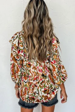 Hot Dear-Lover Abstract Print 3/4 Puff Sleeve Ruffle Blouse Multicolour