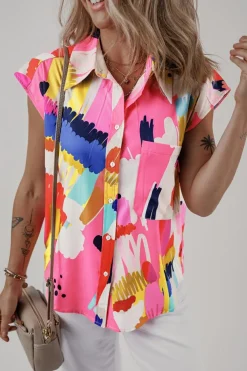Outlet Dear-Lover Abstract Print Collared Cap Sleeve Casual Shirt Multicolour