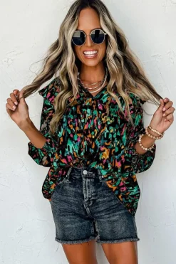 Clearance Dear-Lover Abstract Print 3/4 Puff Sleeve Ruffle Blouse Multicolour