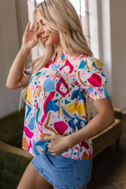 Sale Dear-Lover Abstract Print Lace Detail Shirred Short Sleeve Split Neck Blouse Multicolour
