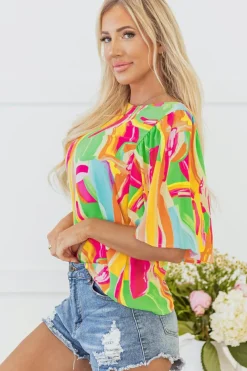 Fashion Dear-Lover Abstract Print Keyhole Back Pleated Half Sleeve Blouse Multicolour