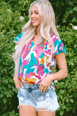 Hot Dear-Lover Abstract Print Notched Neck Flutter Sleeve Blouse Multicolour