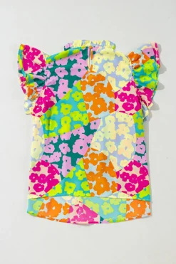 Clearance Dear-Lover Abstract Print Pleated Flutter Sleeve Blouse Multicolour