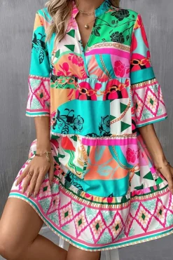 Sale Dear-Lover Abstract Printed Half Sleeve Notched Neck Mini Dress Multicolour