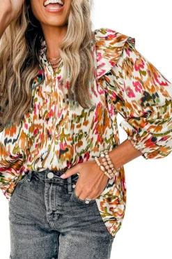 Hot Dear-Lover Abstract Print 3/4 Puff Sleeve Ruffle Blouse Multicolour
