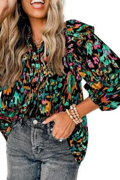 Clearance Dear-Lover Abstract Print 3/4 Puff Sleeve Ruffle Blouse Multicolour