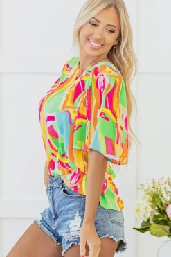 Fashion Dear-Lover Abstract Print Keyhole Back Pleated Half Sleeve Blouse Multicolour