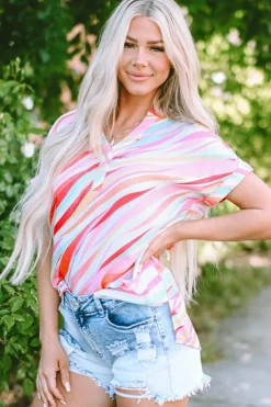 Outlet Dear-Lover Abstract Print High Low Short Sleeve Blouse Multicolour