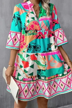 Sale Dear-Lover Abstract Printed Half Sleeve Notched Neck Mini Dress Multicolour