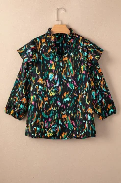 Clearance Dear-Lover Abstract Print 3/4 Puff Sleeve Ruffle Blouse Multicolour