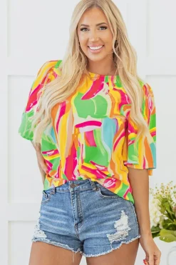 Fashion Dear-Lover Abstract Print Keyhole Back Pleated Half Sleeve Blouse Multicolour