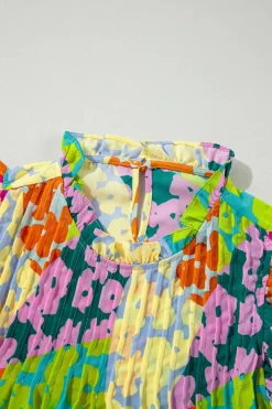Clearance Dear-Lover Abstract Print Pleated Flutter Sleeve Blouse Multicolour
